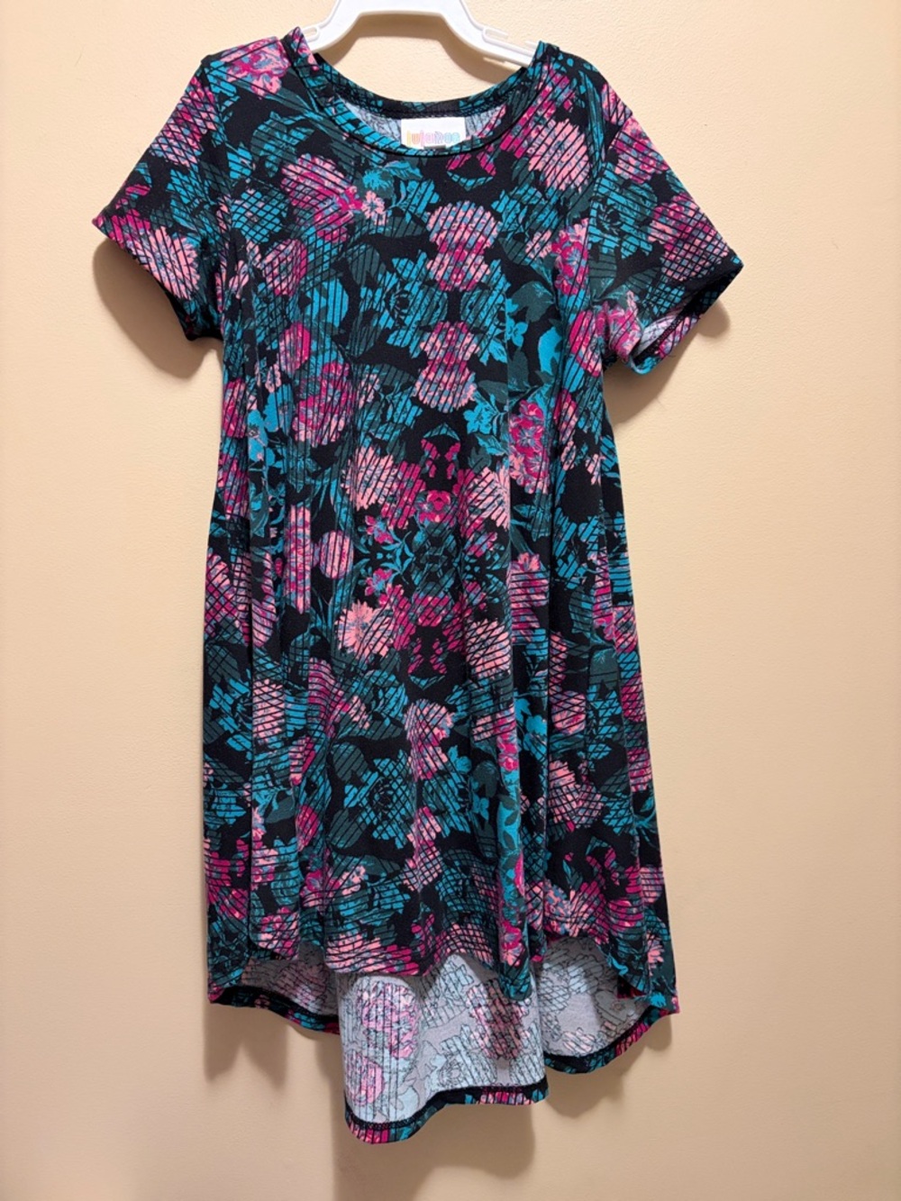 LuLaRoe Black Teal and Pink Floral Casual Kids Dress